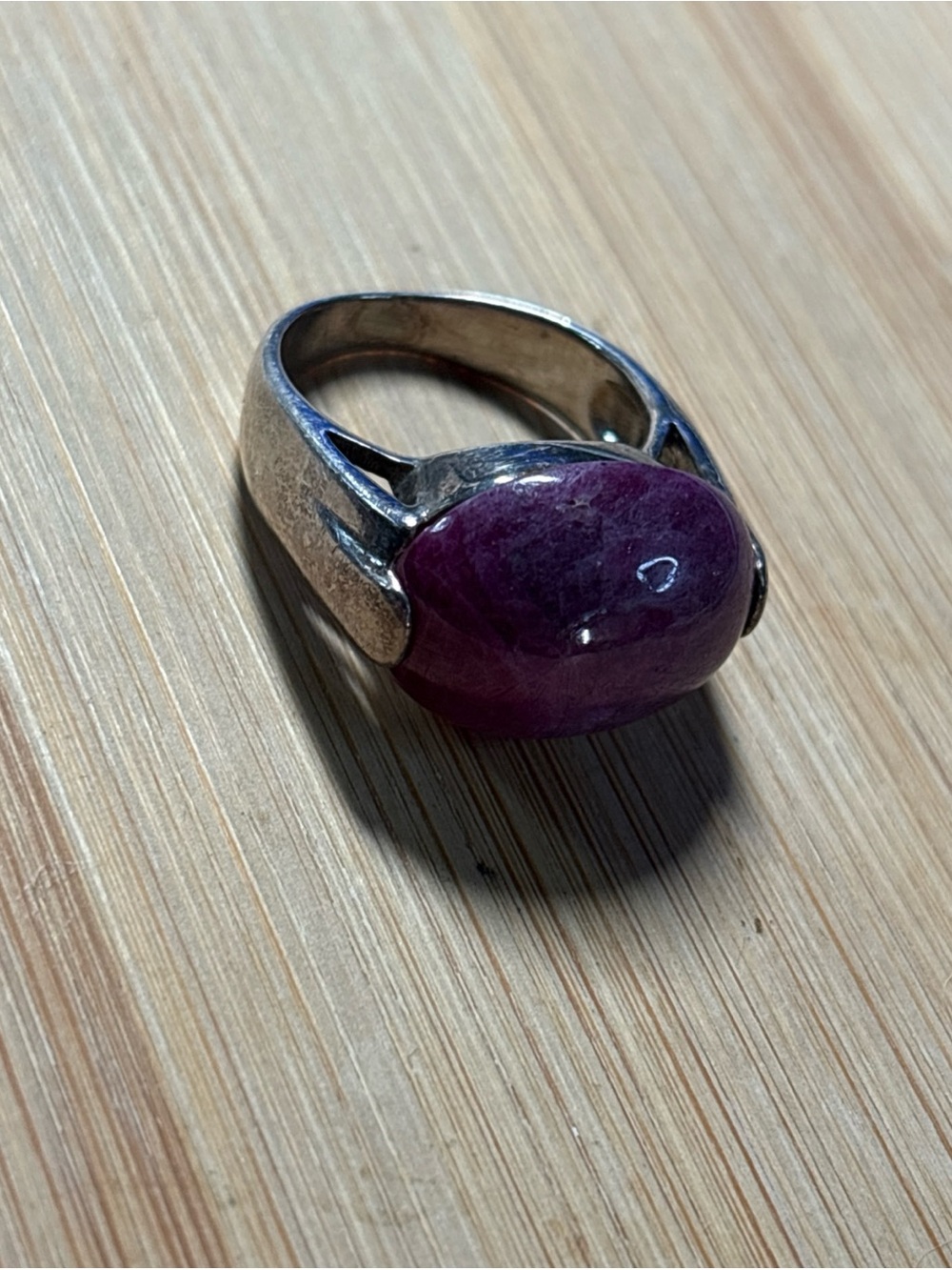 Natural Plum Red Cabochon Solitaire .925 Sterling Silver Ring Sz 8
